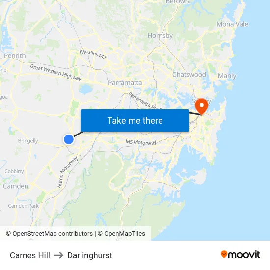 Carnes Hill to Darlinghurst map