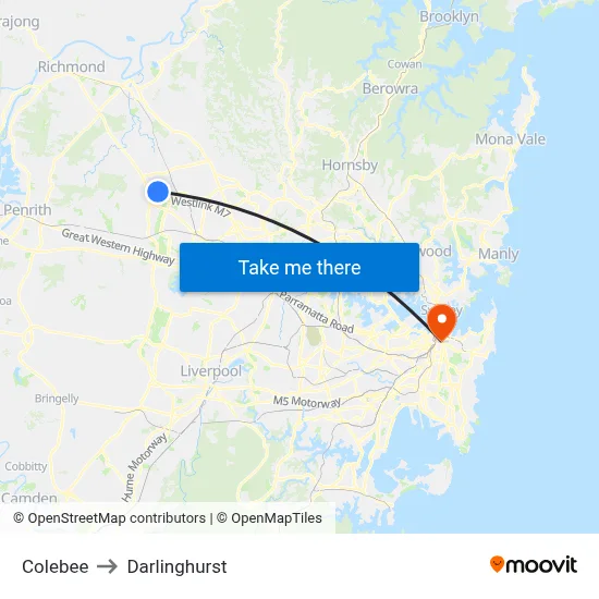 Colebee to Darlinghurst map