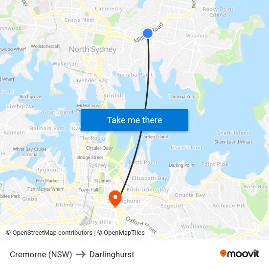 Cremorne (NSW) to Darlinghurst map