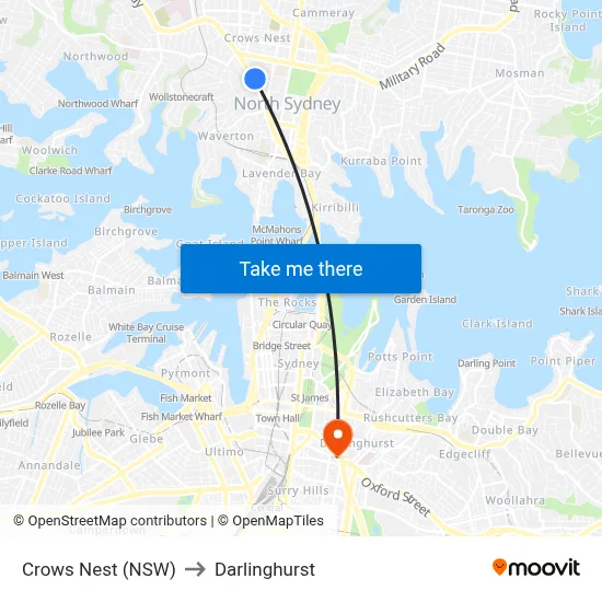 Crows Nest (NSW) to Darlinghurst map