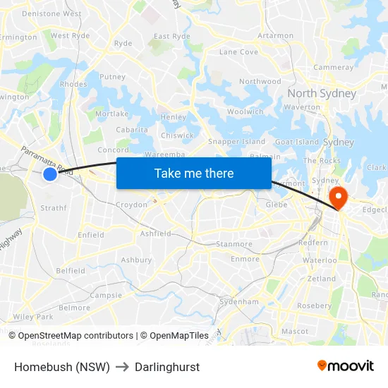 Homebush (NSW) to Darlinghurst map