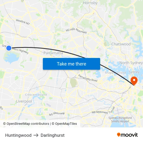 Huntingwood to Darlinghurst map