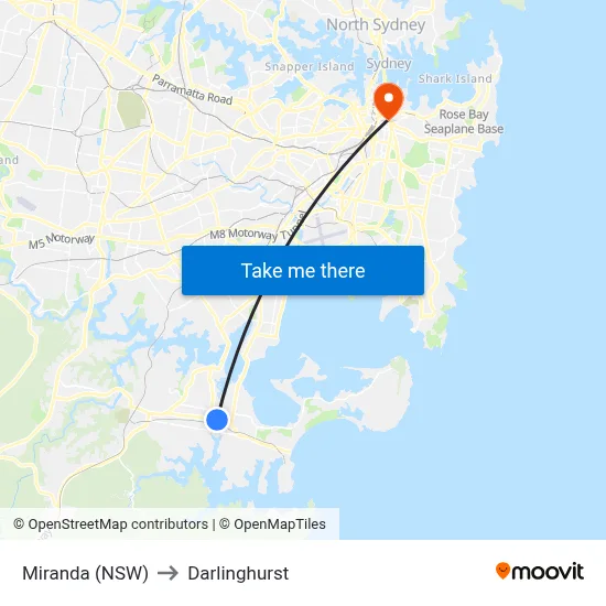 Miranda (NSW) to Darlinghurst map