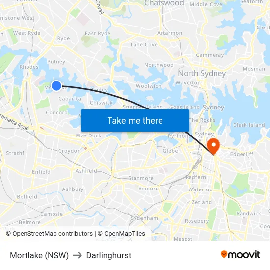 Mortlake (NSW) to Darlinghurst map