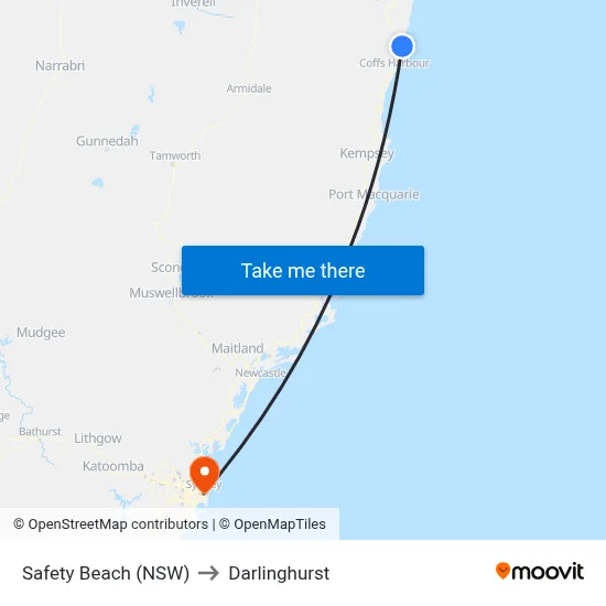 Safety Beach (NSW) to Darlinghurst map