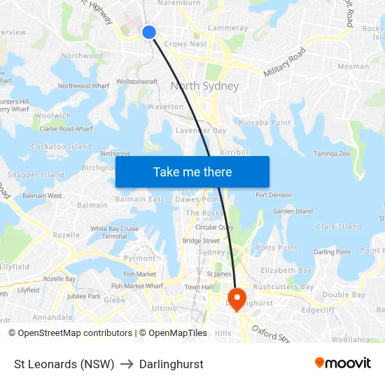 St Leonards (NSW) to Darlinghurst map