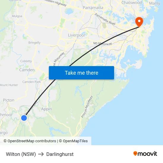Wilton (NSW) to Darlinghurst map