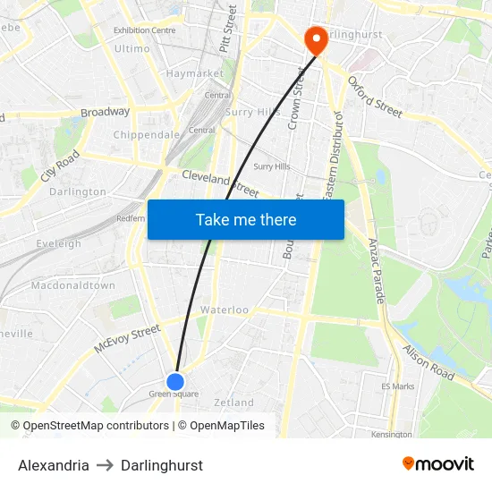 Alexandria to Darlinghurst map