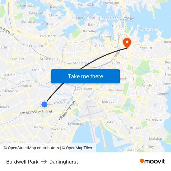 Bardwell Park to Darlinghurst map
