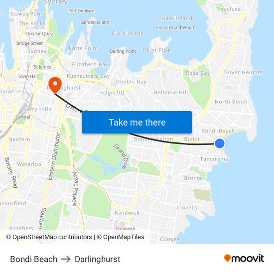 Bondi Beach to Darlinghurst map