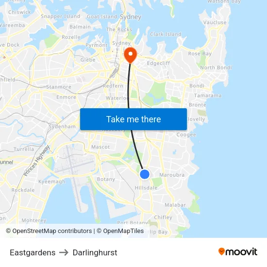 Eastgardens to Darlinghurst map