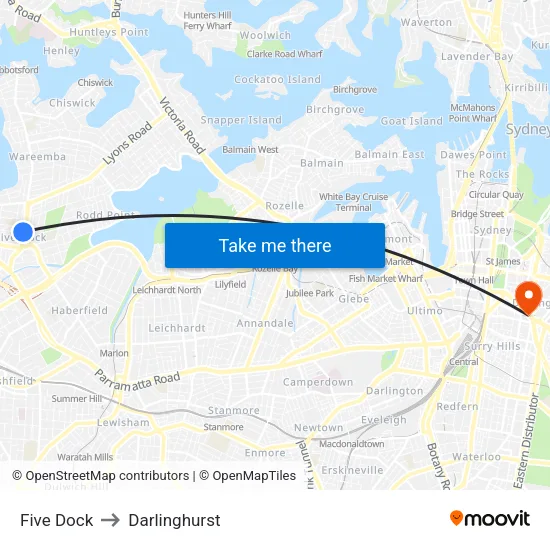 Five Dock to Darlinghurst map