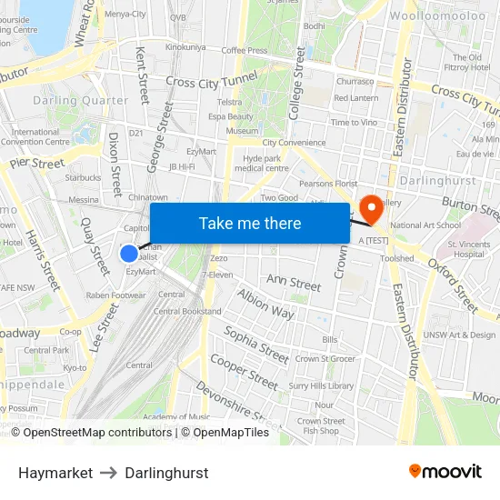 Haymarket to Darlinghurst map