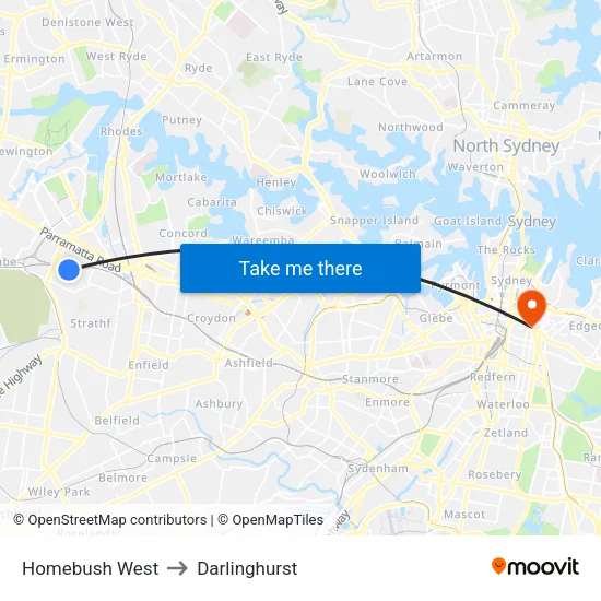Homebush West to Darlinghurst map