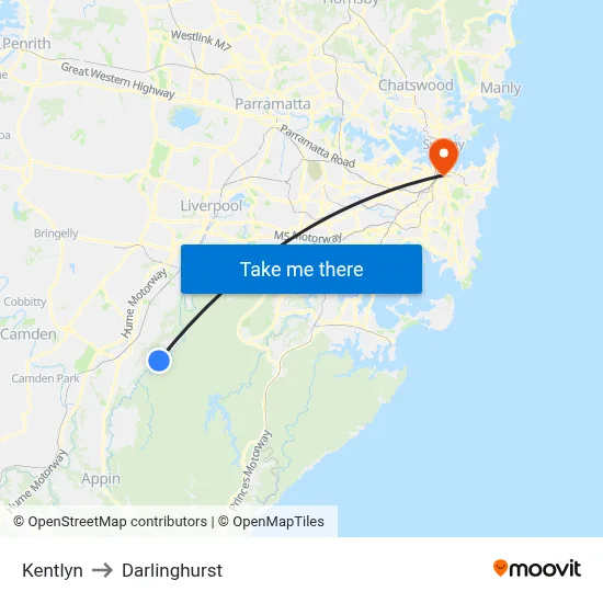 Kentlyn to Darlinghurst map