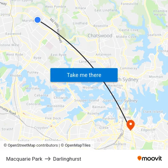 Macquarie Park to Darlinghurst map
