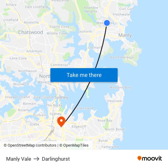 Manly Vale to Darlinghurst map