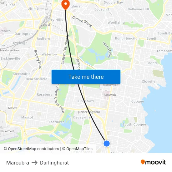 Maroubra to Darlinghurst map
