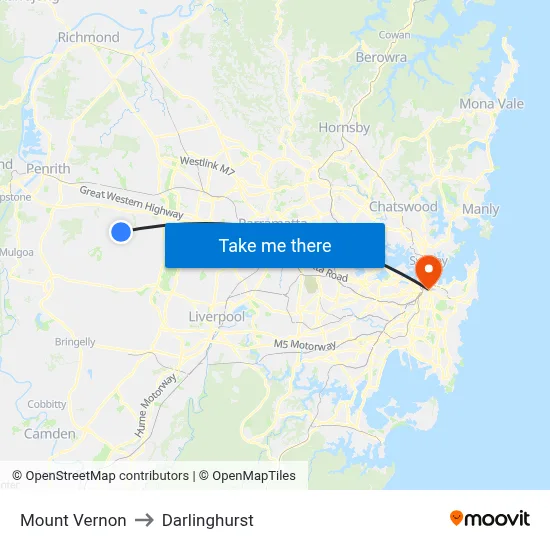 Mount Vernon to Darlinghurst map