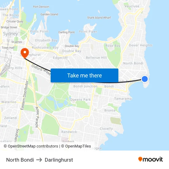 North Bondi to Darlinghurst map