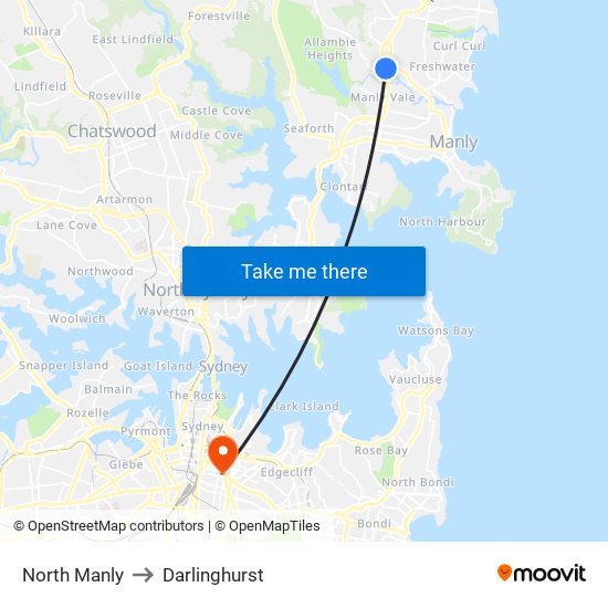 North Manly to Darlinghurst map