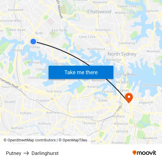 Putney to Darlinghurst map