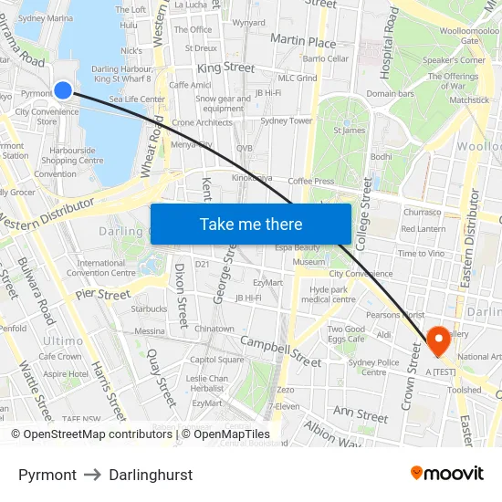 Pyrmont to Darlinghurst map