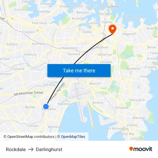 Rockdale to Darlinghurst map