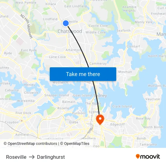 Roseville to Darlinghurst map