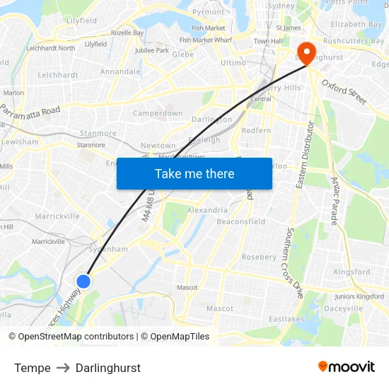 Tempe to Darlinghurst map