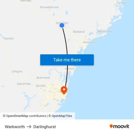 Warkworth to Darlinghurst map
