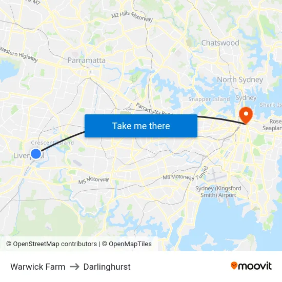 Warwick Farm to Darlinghurst map