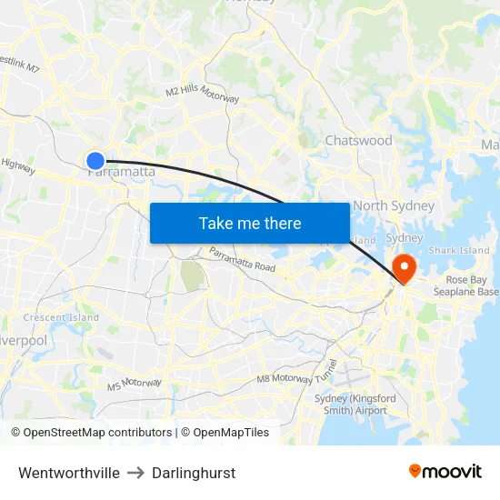 Wentworthville to Darlinghurst map
