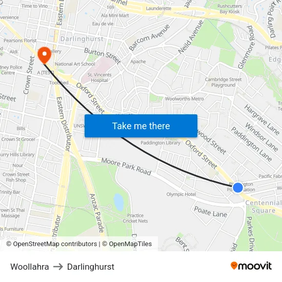 Woollahra to Darlinghurst map