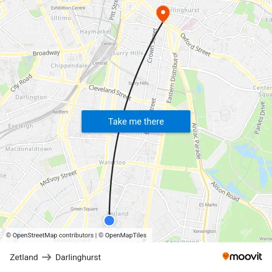 Zetland to Darlinghurst map