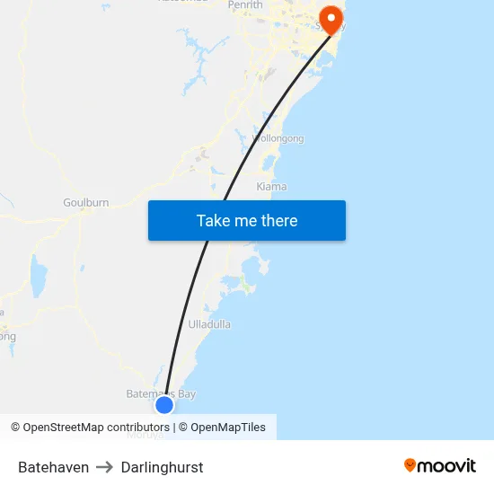 Batehaven to Darlinghurst map