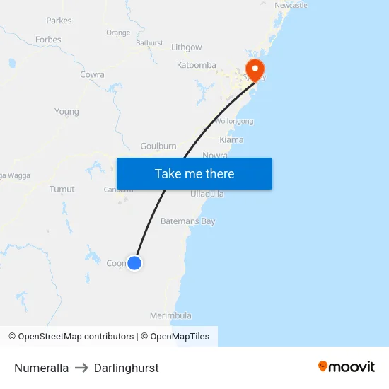 Numeralla to Darlinghurst map