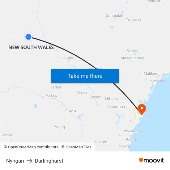 Nyngan to Darlinghurst map