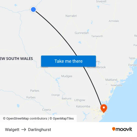 Walgett to Darlinghurst map