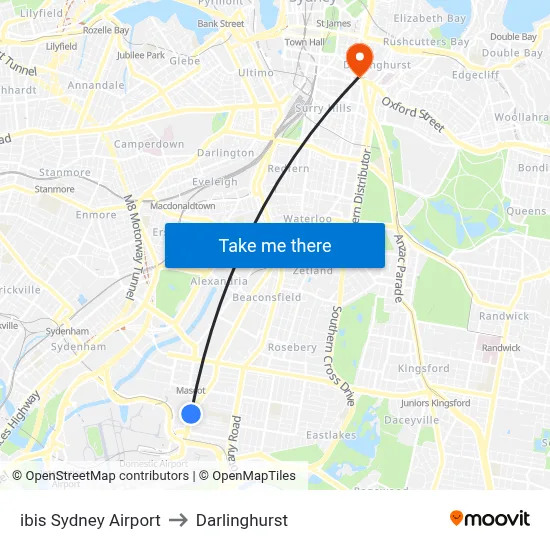 ibis Sydney Airport to Darlinghurst map