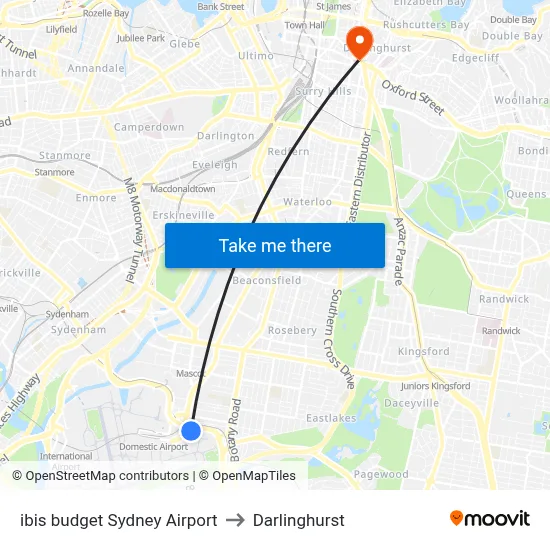 ibis budget Sydney Airport to Darlinghurst map