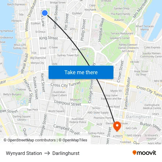Wynyard Station to Darlinghurst map