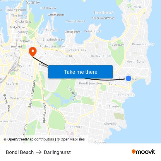 Bondi Beach to Darlinghurst map