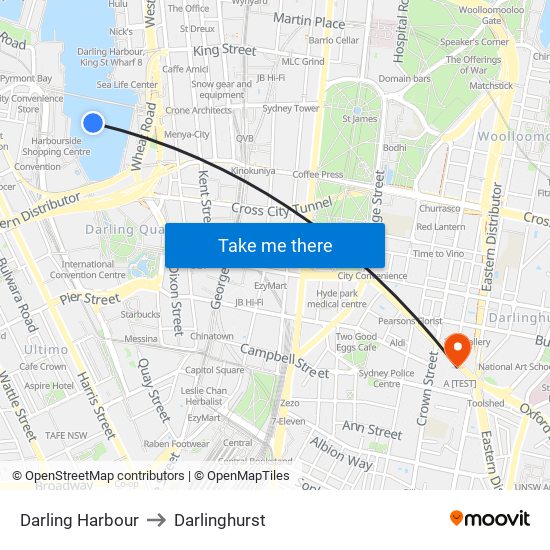 Darling Harbour to Darlinghurst map