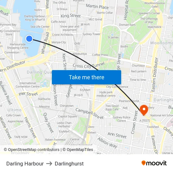 Darling Harbour to Darlinghurst map