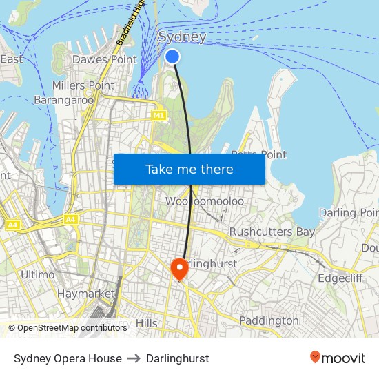 Sydney Opera House to Darlinghurst map