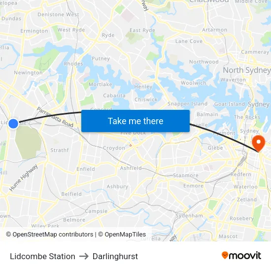 Lidcombe Station to Darlinghurst map