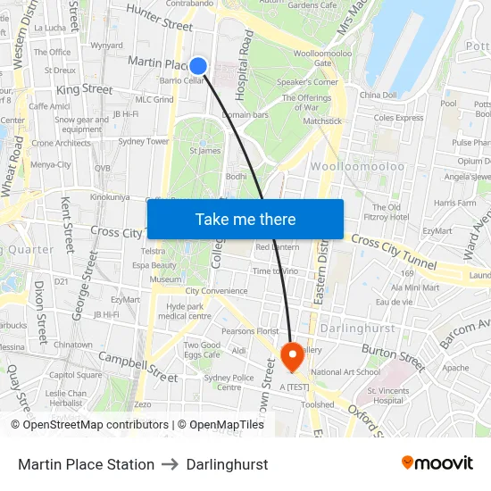 Martin Place Station to Darlinghurst map