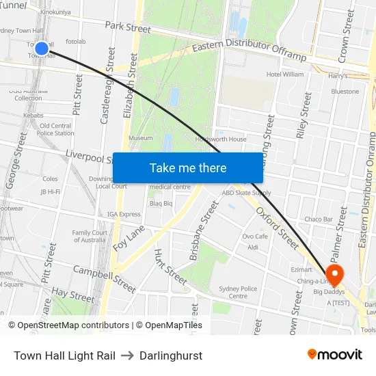 Town Hall Light Rail to Darlinghurst map