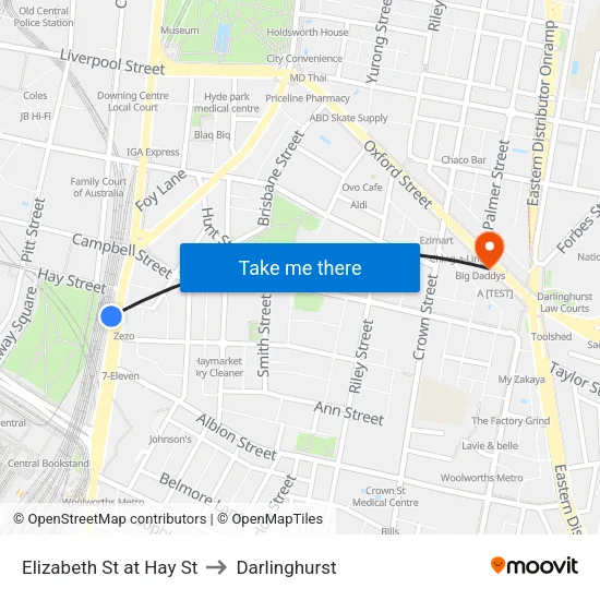 Elizabeth St at Hay St to Darlinghurst map